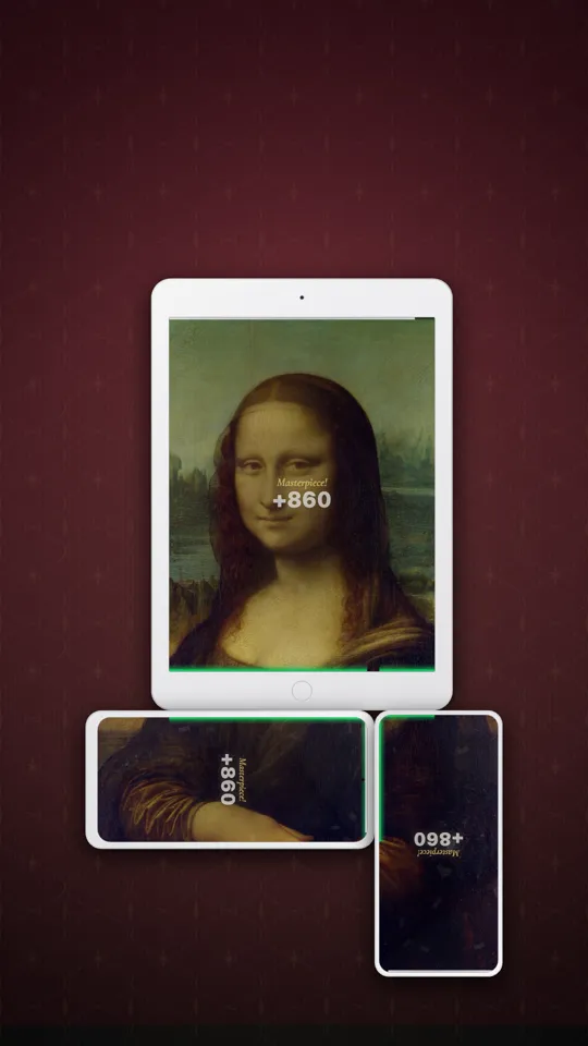 The Mona Lisa split across a tablet and two phones
