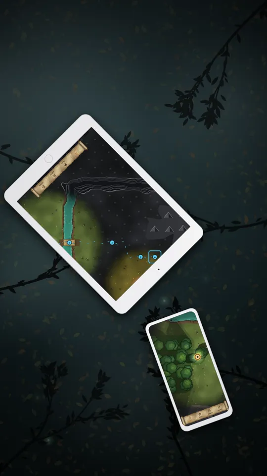 A dark world lit by lantern light, seen through a tablet and a phone