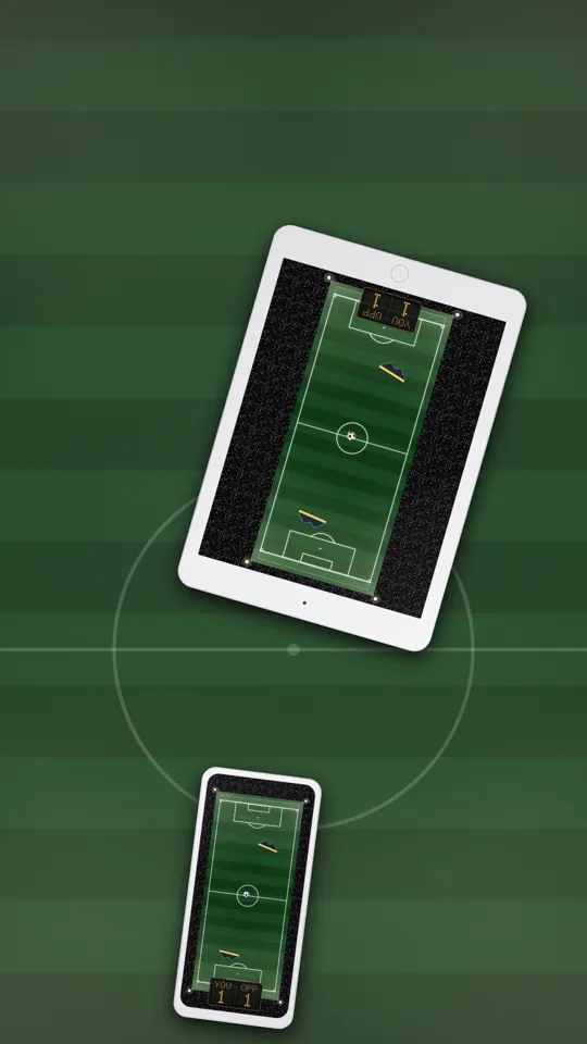A football pitch court stretched between a tablet and a phone